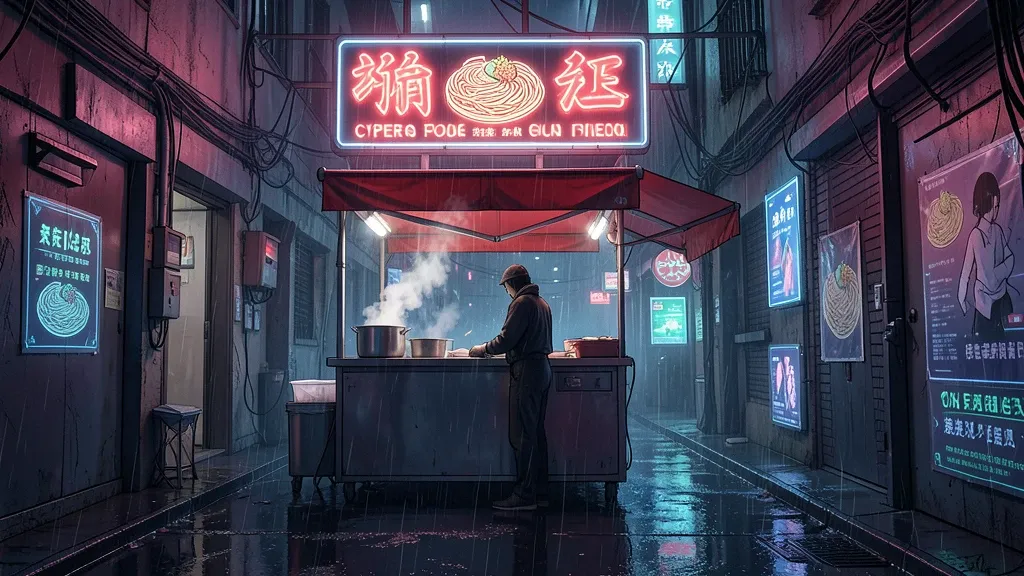 Cyberpunk street food stall with neon signs, steam, and rain-soaked alley