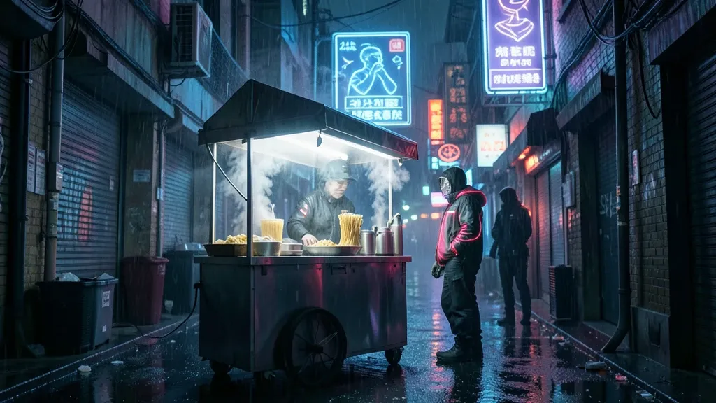 Cyberpunk street food vendor cart glowing with neon signs on a rainy alley at night