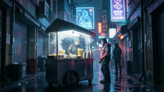 Cyberpunk street food vendor cart glowing with neon signs on a rainy alley at night