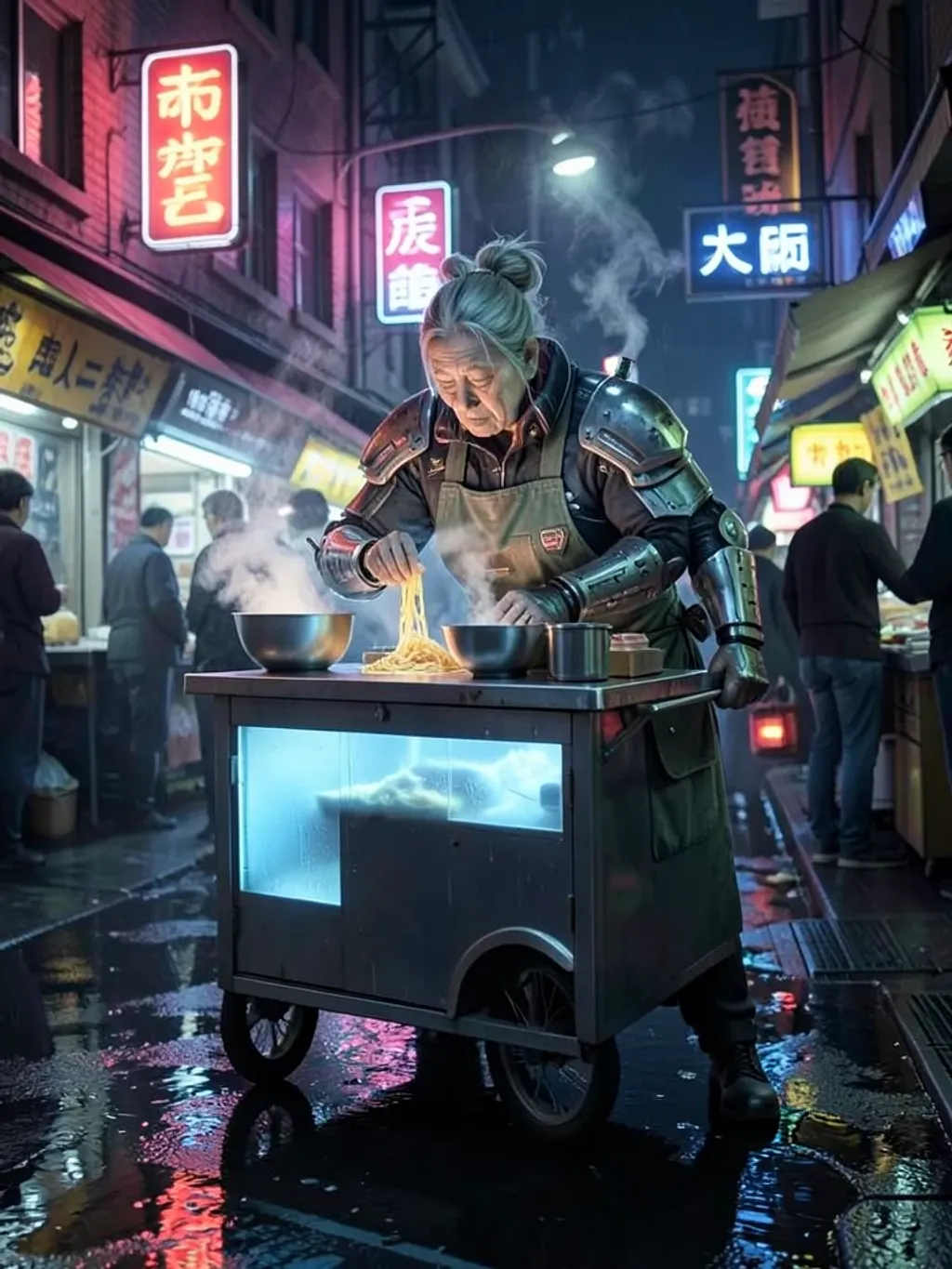 Cyberpunk street food vendor serving noodles from a glowing cart in a neon rain alley