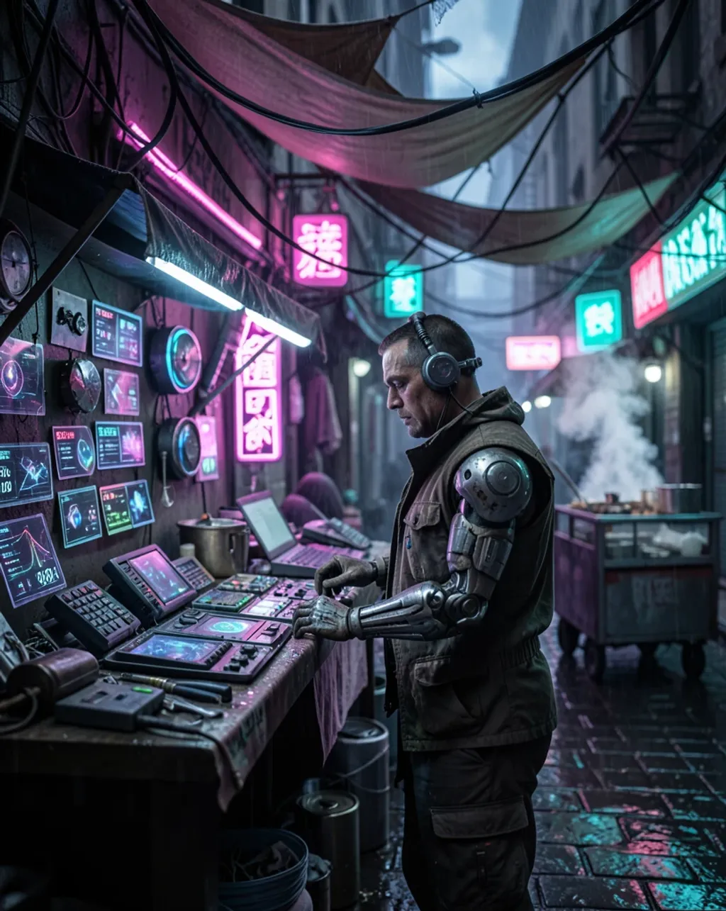 Cyberpunk vendor with a cybernetic arm at a glowing gadget stall in a rainy neon alley, reflections on wet stone