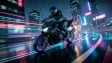 A cyberpunk hover bike racer on a wet neon highway
