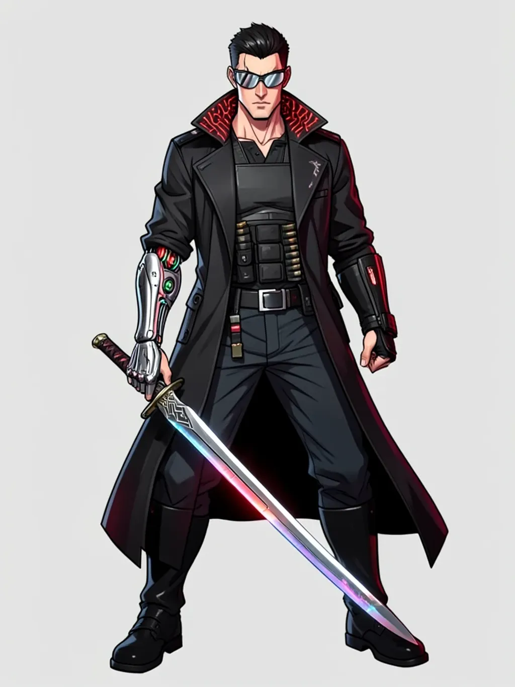 Cyberpunk street samurai with chrome cybernetic arm and holographic katana in black and neon red