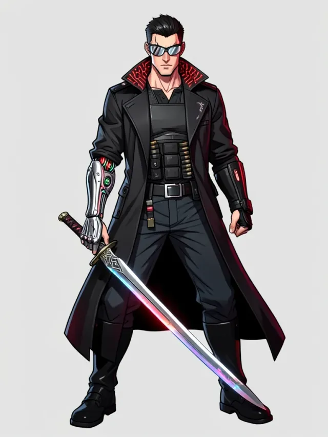 Cyberpunk street samurai with chrome cybernetic arm and holographic katana in black and neon red