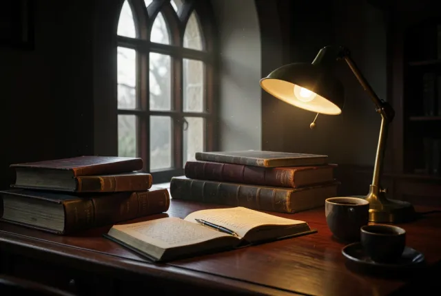 Dark academia study desk with worn leather books and a brass lamp in a warm shaft of window light