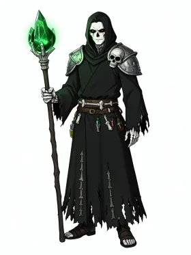 Dark fantasy necromancer with skull pauldron and glowing green staff in black bone white and necrotic green