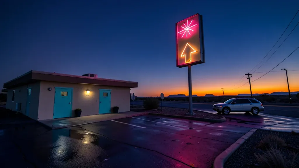 Desert motel at dusk with a glowing pink and amber neon sign reflected in wet asphalt