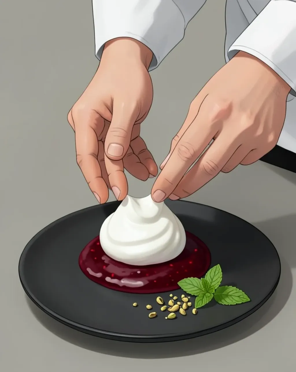 Editorial illustration of hands placing a cream quenelle on a plate with berry coulis