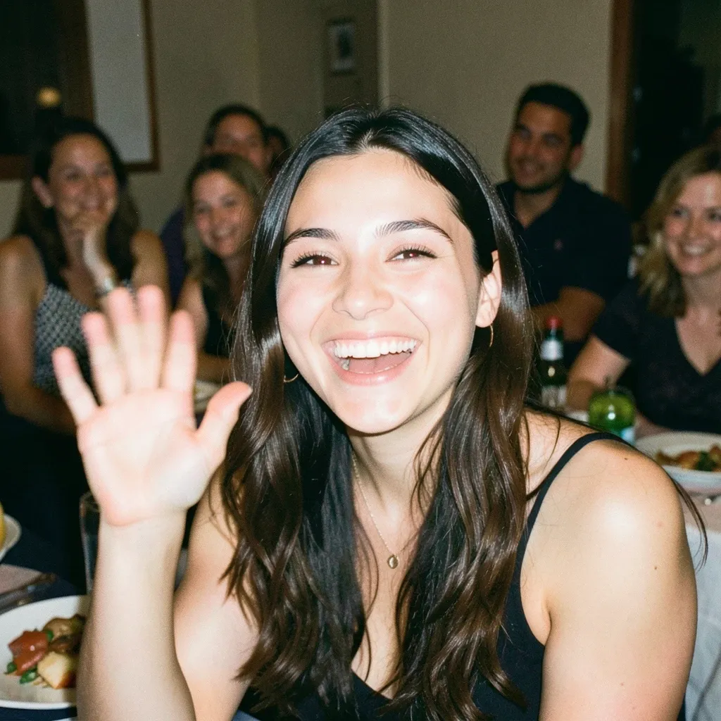 Candid flash-lit photo of a young woman laughing at a dinner party