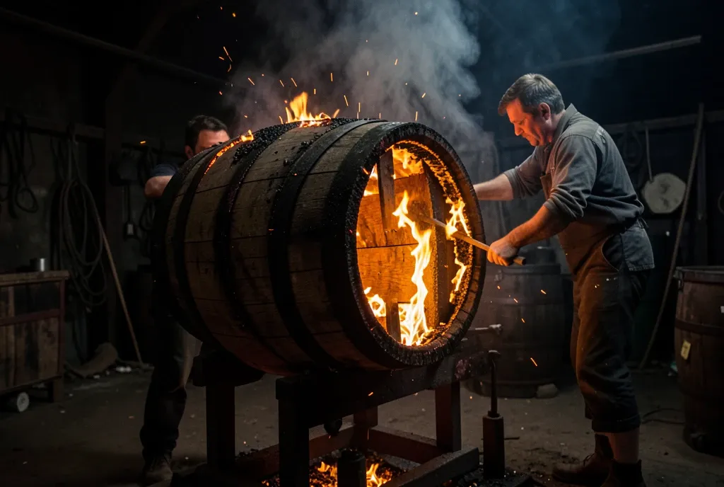 An oak barrel being charred over open flame, the interior glowing orange as a worker turns it.
