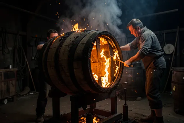 An oak barrel being charred over open flame, the interior glowing orange as a worker turns it.