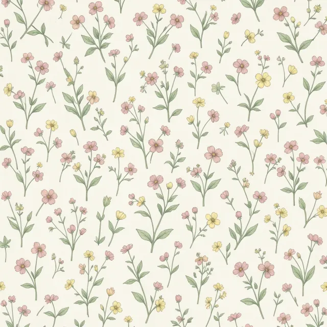 Ditsy floral seamless repeat pattern with tiny wildflowers on cream background