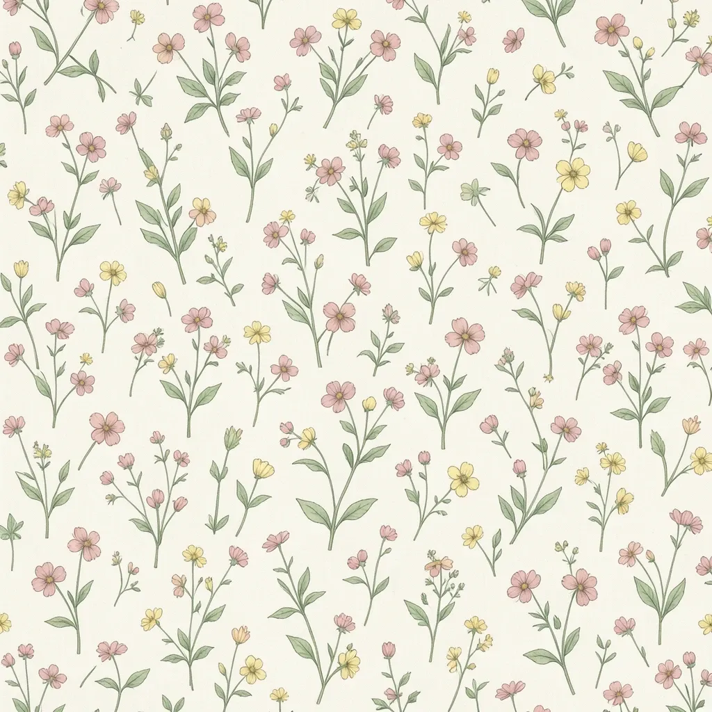 Ditsy floral seamless repeat pattern with tiny wildflowers on cream background