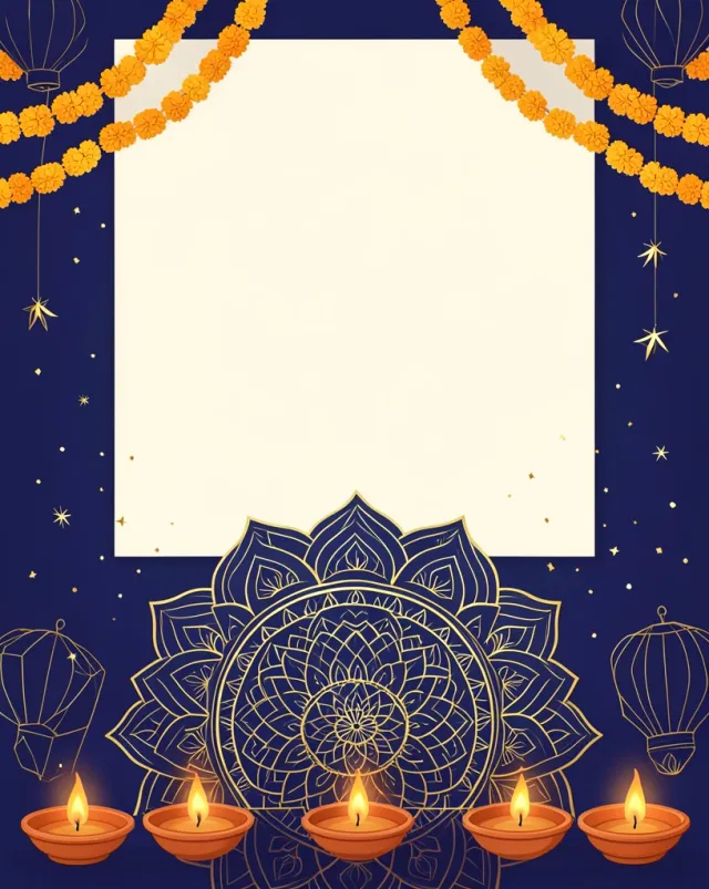 Diwali invitation with terracotta diya lamps, a rangoli and marigold garlands on deep indigo