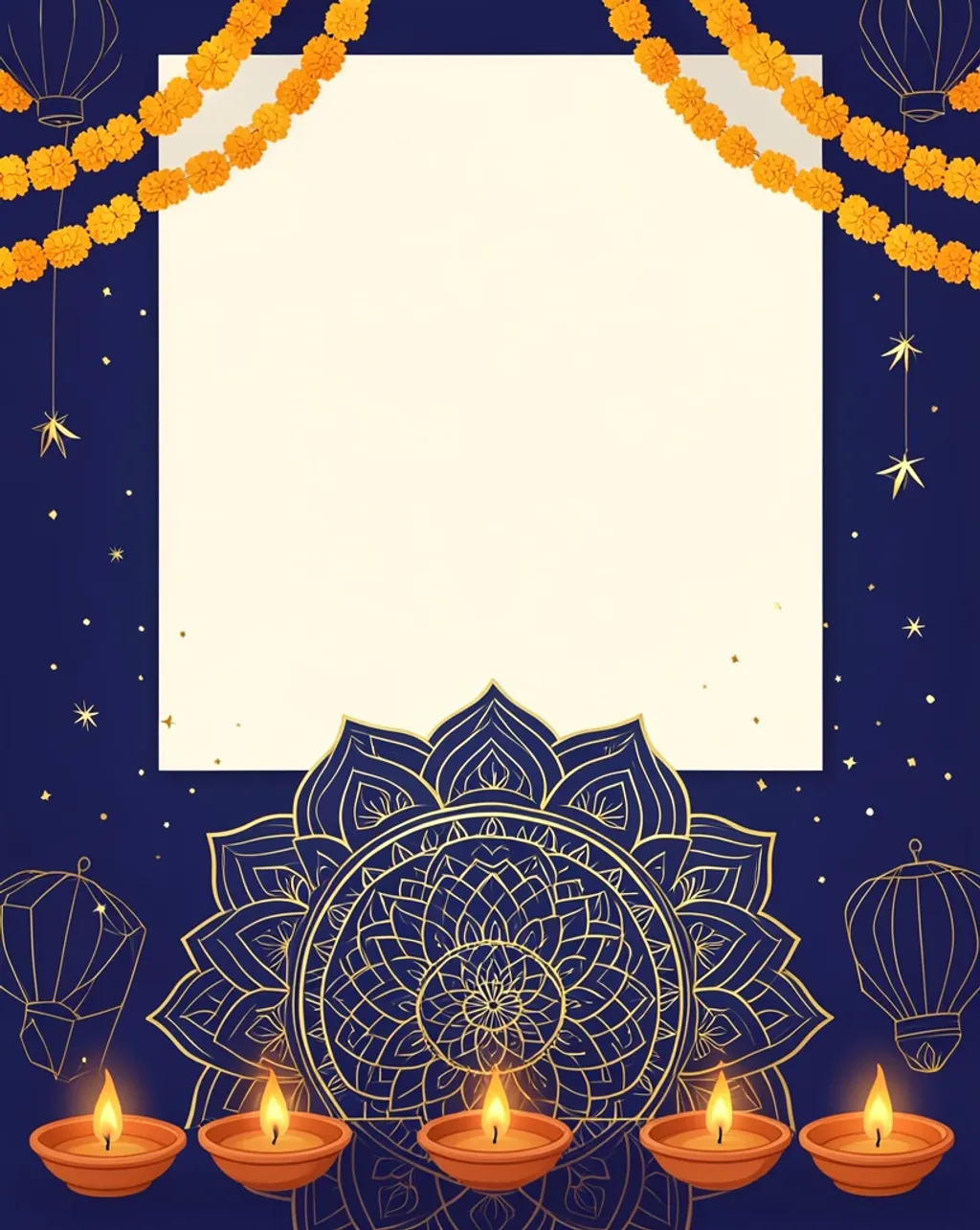 Diwali invitation with terracotta diya lamps, a rangoli and marigold garlands on deep indigo