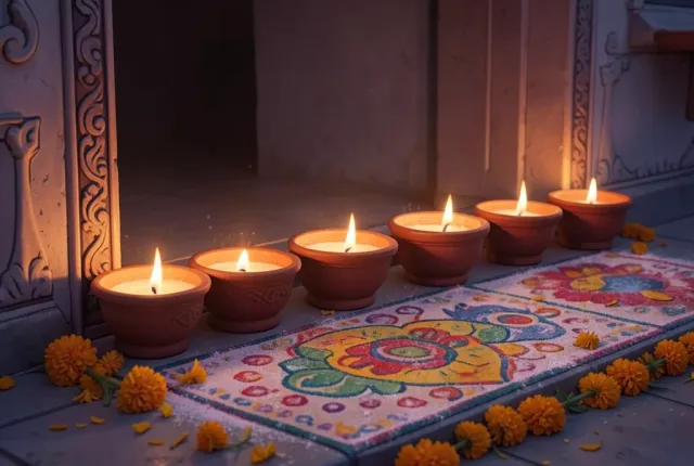 A row of lit clay diya lamps glowing beside rangoli patterns and marigolds