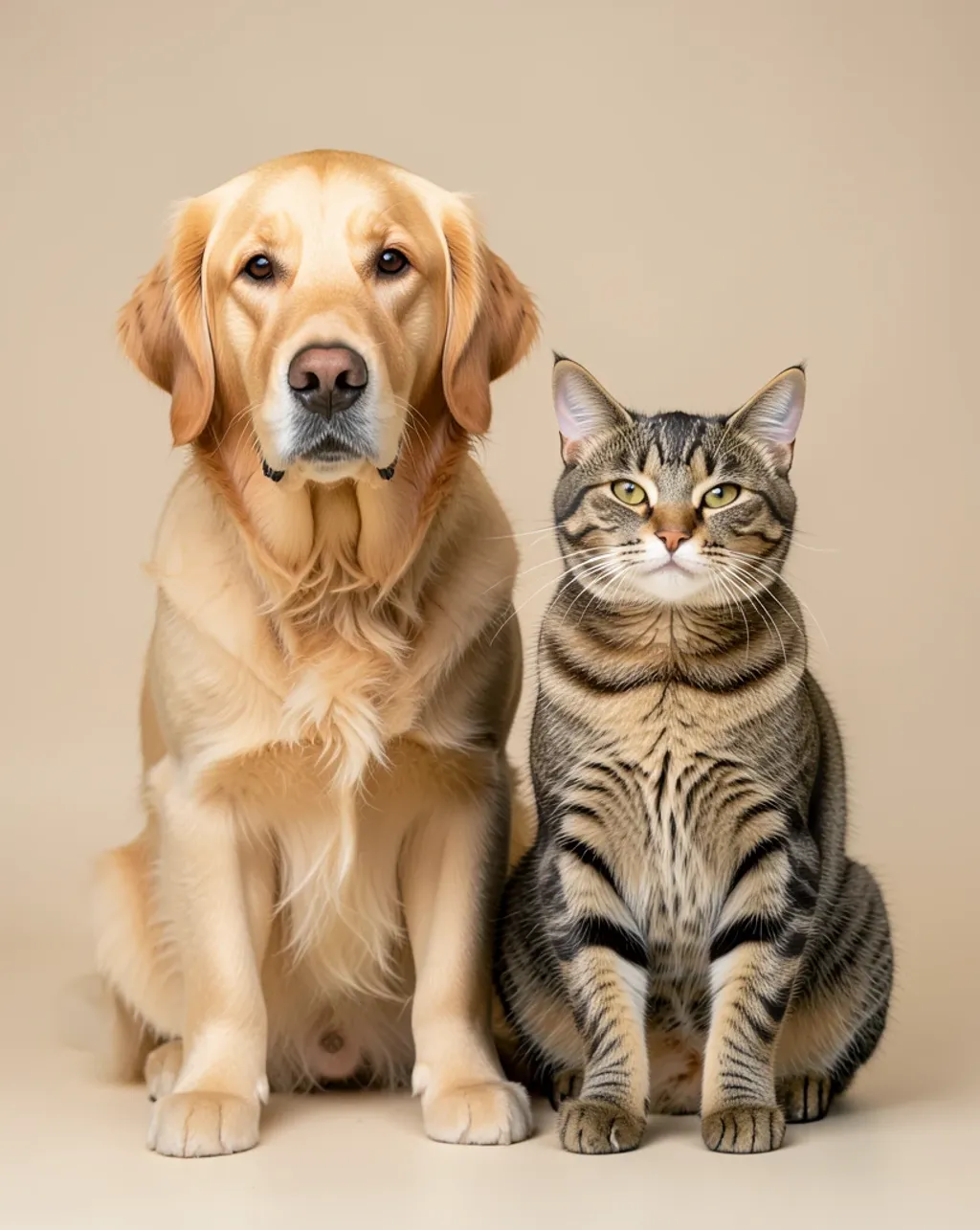 Studio portrait of a golden retriever and a tabby cat sitting side by side calmly