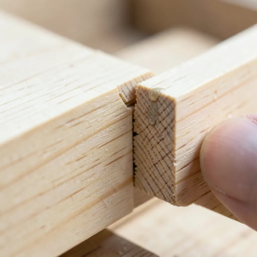A hand-cut dovetail joint in pale maple being pressed together, glue at the seam