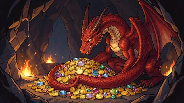 Fierce red dragon curled around a pile of gold coins and jewels in a dark cave lit by glowing embers