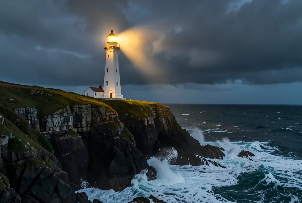 White lighthouse on a rocky cliff with storm waves crashing below and a warm beam of light from the lantern