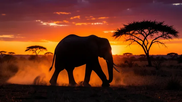 Dramatic elephant silhouette walking across the savanna at sunset with dust and acacia tree