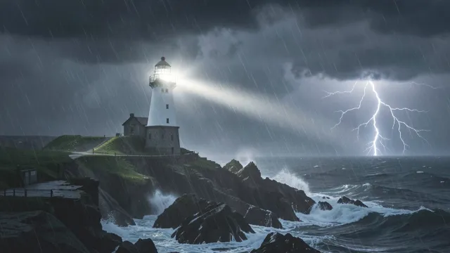 A white lighthouse beam cutting through a violent storm with dark waves and distant lightning