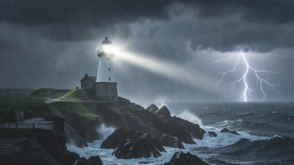A white lighthouse beam cutting through a violent storm with dark waves and distant lightning