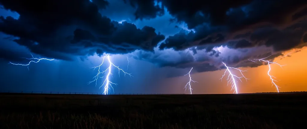 Dramatic lightning bolts striking a dark prairie with storm clouds and distant fence line