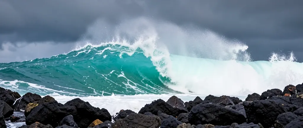Huge turquoise ocean wave breaking against dark volcanic rocks with white spray and stormy sky