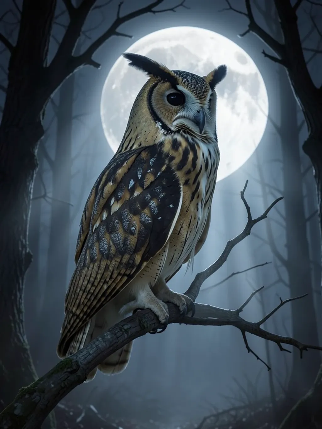 Great horned owl perched on a bare branch with full moon rays and fog in a moonlit forest