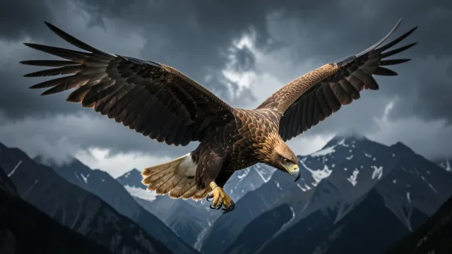Dramatic golden eagle in flight with wings spread against a stormy mountain sky