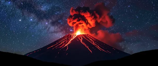 Massive volcano erupting with glowing lava and ash plume under a starry night sky and milky way