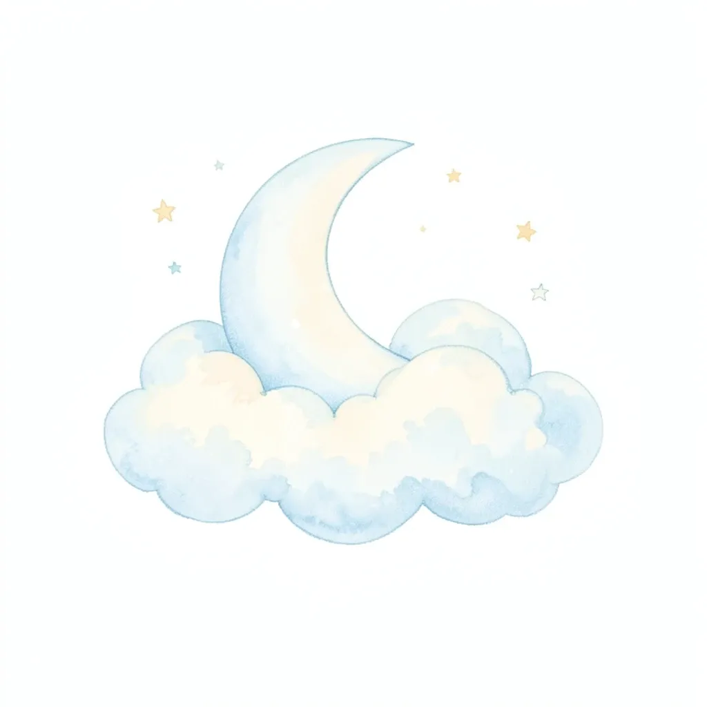 Dreamy crescent moon resting on a fluffy cloud with tiny stars in soft pastel blue and cream