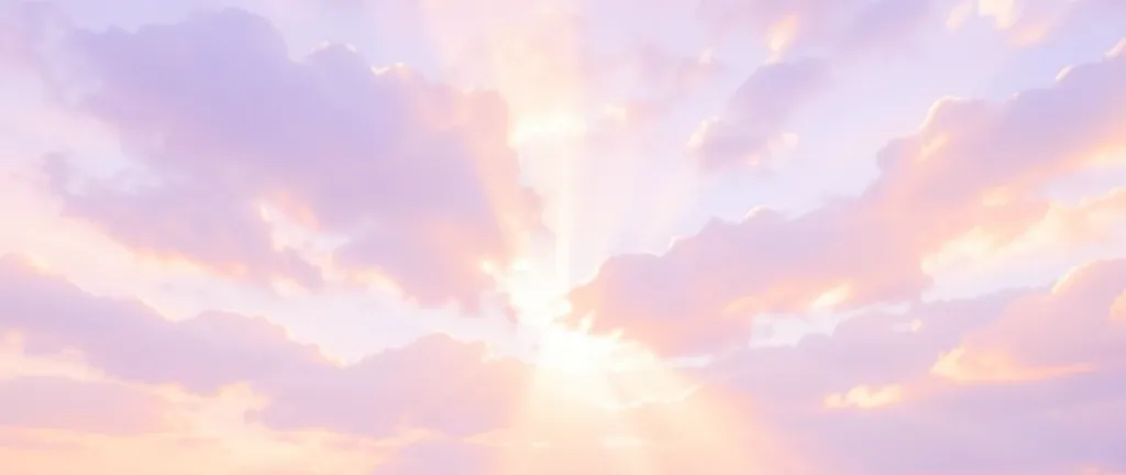 Dreamy dawn cloudscape with soft pastel clouds in pink, lavender, and peach and gentle sun rays