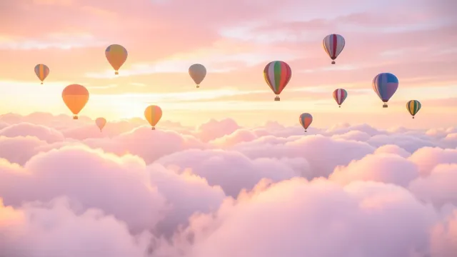 Colorful hot air balloons floating among soft pink and gold clouds at sunrise