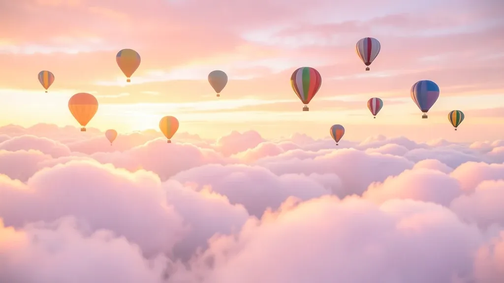 Colorful hot air balloons floating among soft pink and gold clouds at sunrise