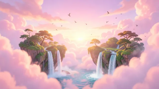 Dreamy floating islands with waterfalls drifting among pink clouds at sunset