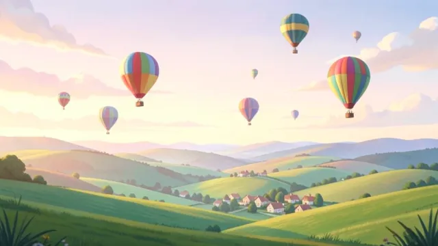 Colorful hot air balloons floating over rolling green hills at sunrise with a village below