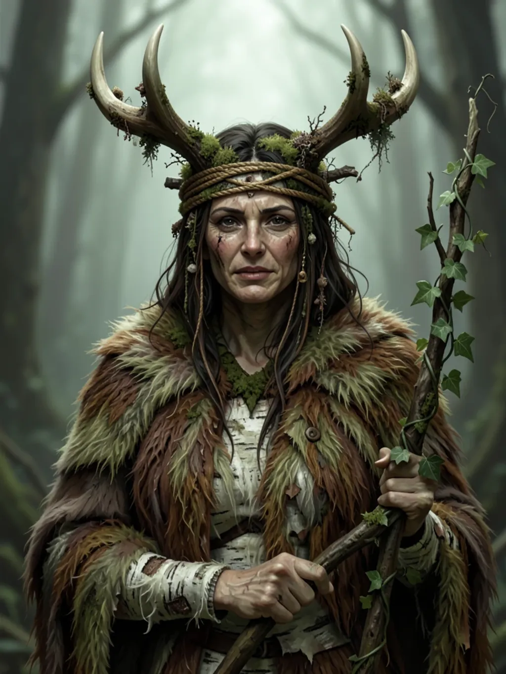 Forest druid in an antler headdress bound with cord, moss on the tines, in green forest light
