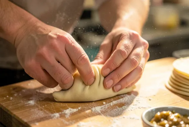 Hands pinching even pleats along a crescent dumpling edge over a floured board.