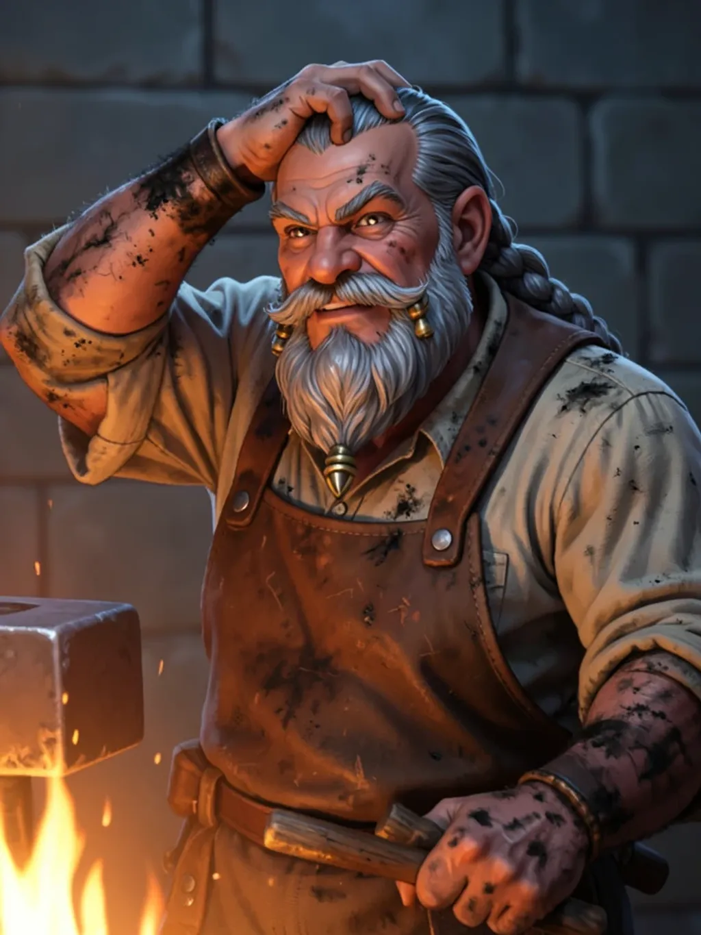 Waist-up fantasy portrait of a dwarven blacksmith in a leather apron lit by warm forge glow