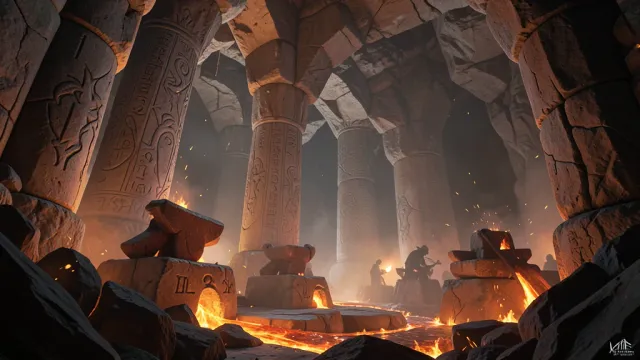 A cavernous dwarven forge hall glowing with molten metal
