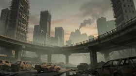 Dystopian cityscape concept art with crumbling skyscrapers and a collapsed overpass in rust orange and grey-brown