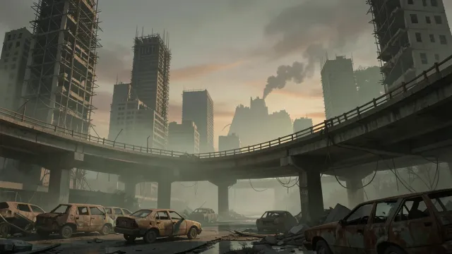 Dystopian cityscape concept art with crumbling skyscrapers and a collapsed overpass in rust orange and grey-brown