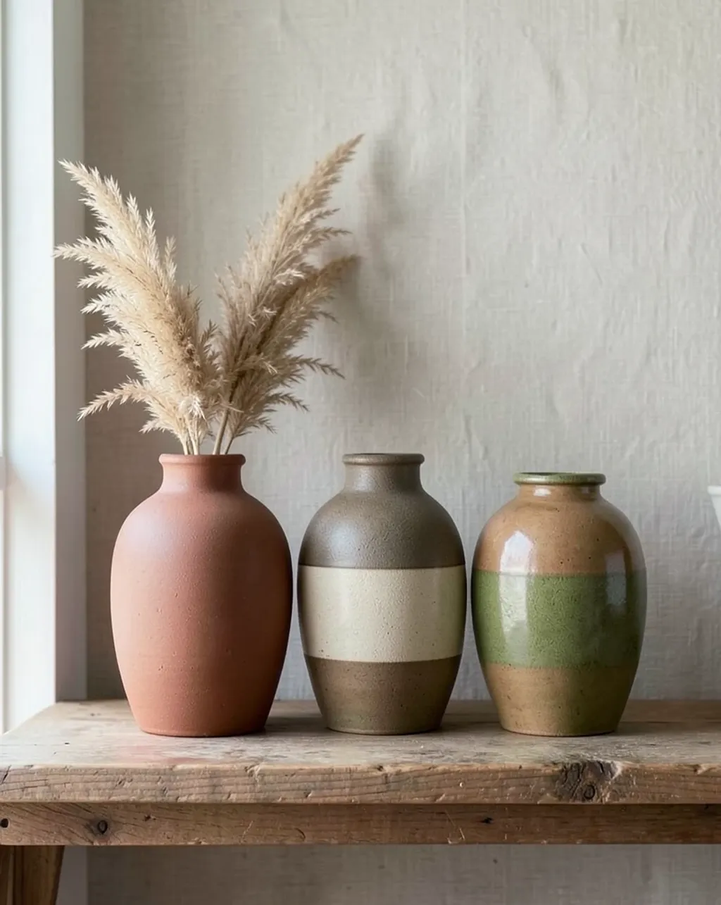 Three handmade earthy ceramic vases on a raw wooden shelf with dried pampas grass in natural light