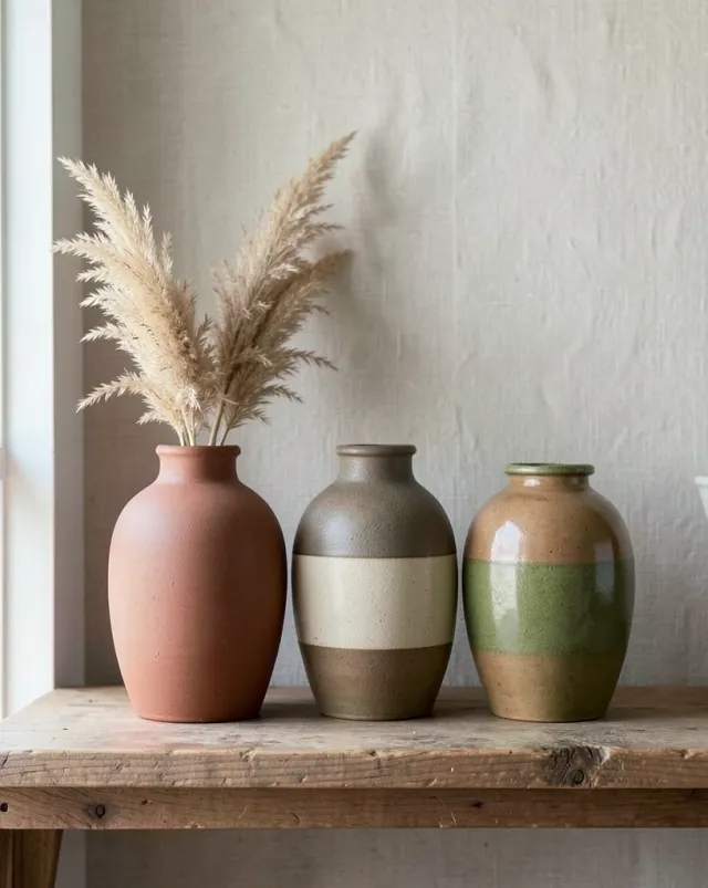 Three handmade earthy ceramic vases on a raw wooden shelf with dried pampas grass in natural light