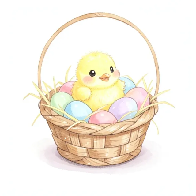 Tiny yellow chick sitting in a woven basket with pastel eggs and straw in soft watercolor style
