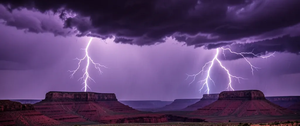 Dramatic lightning bolts behind flat-topped mesas with dark purple storm clouds and distant rain