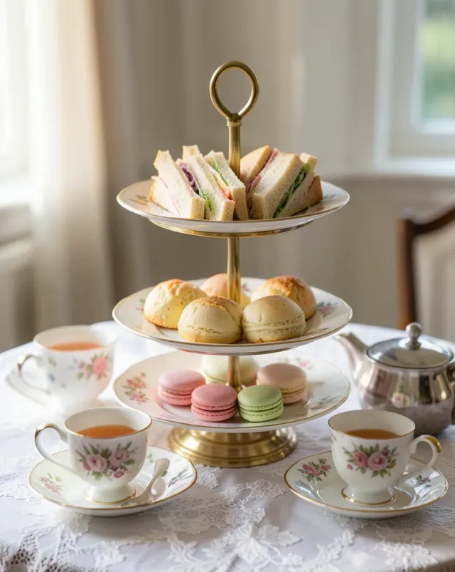 Three-tiered afternoon tea stand with sandwiches, scones, macarons, porcelain cups, and silver teapot