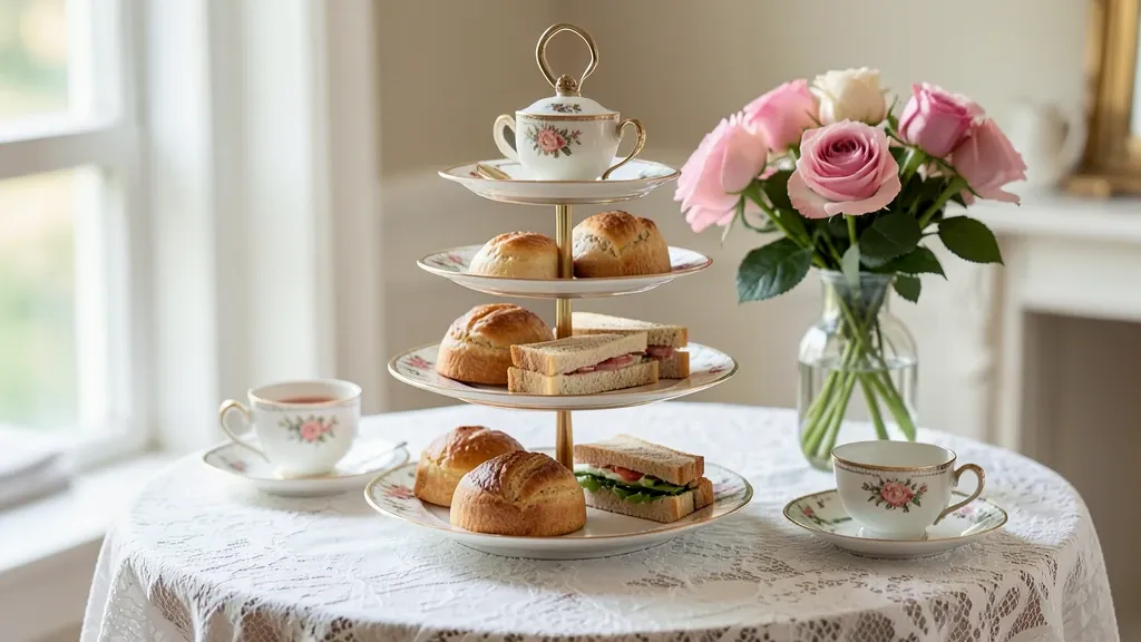 Elegant afternoon tea table with three-tiered stand, scones, sandwiches, china cups, and roses